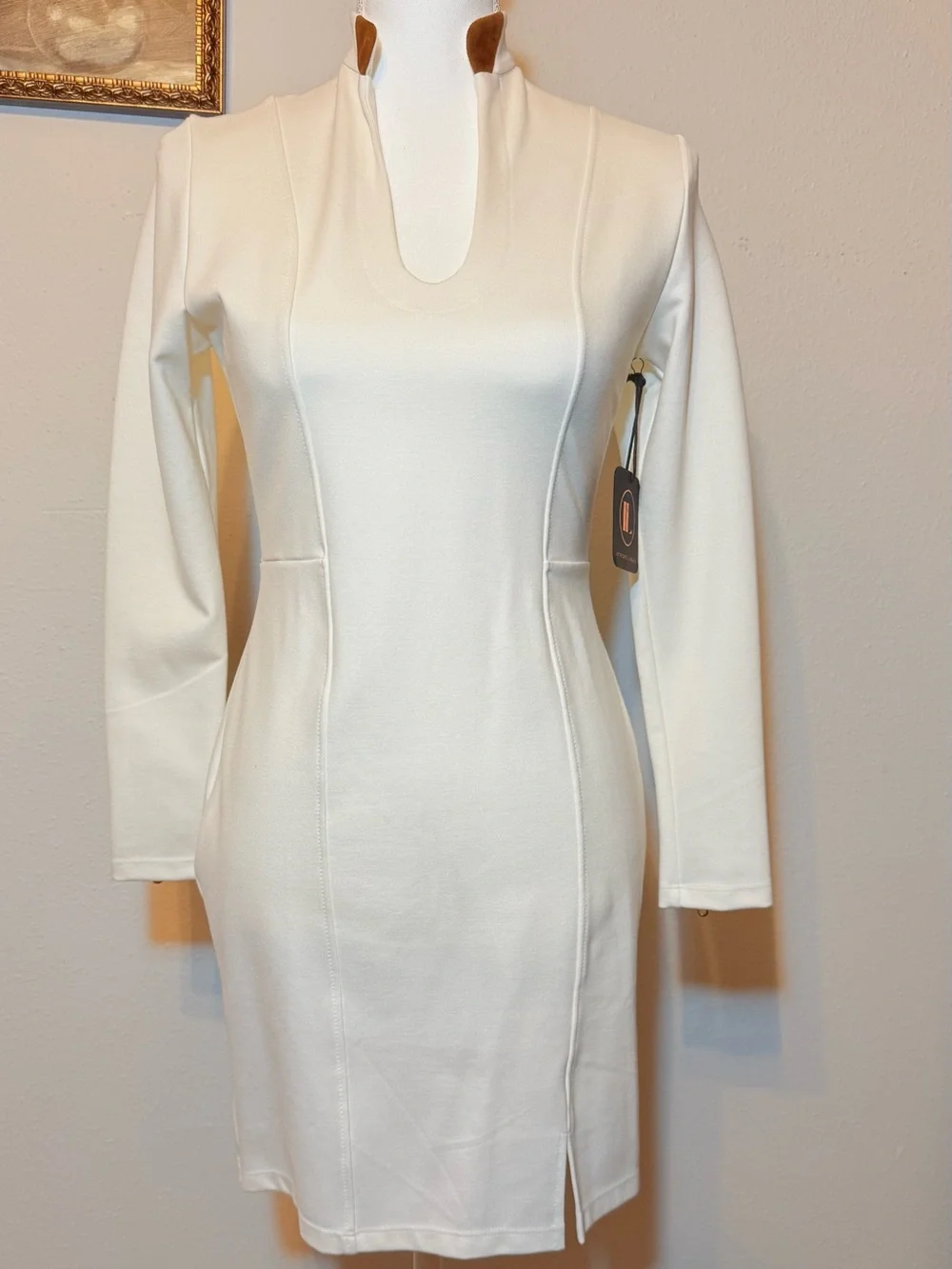 Cream Long-Sleeve Fitted Sheath Dress - Picture 1 of 6